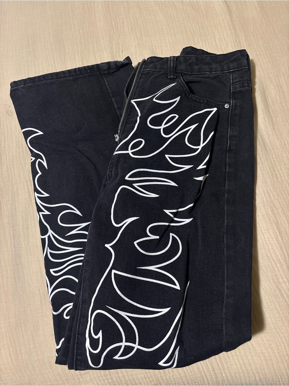 Black Women's Jeans with White Flame Print